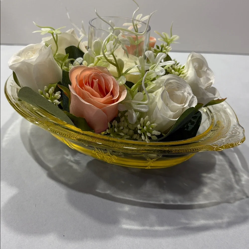 Flameless luminary faux floral arrangement in yellow Depression Cameo ballerina